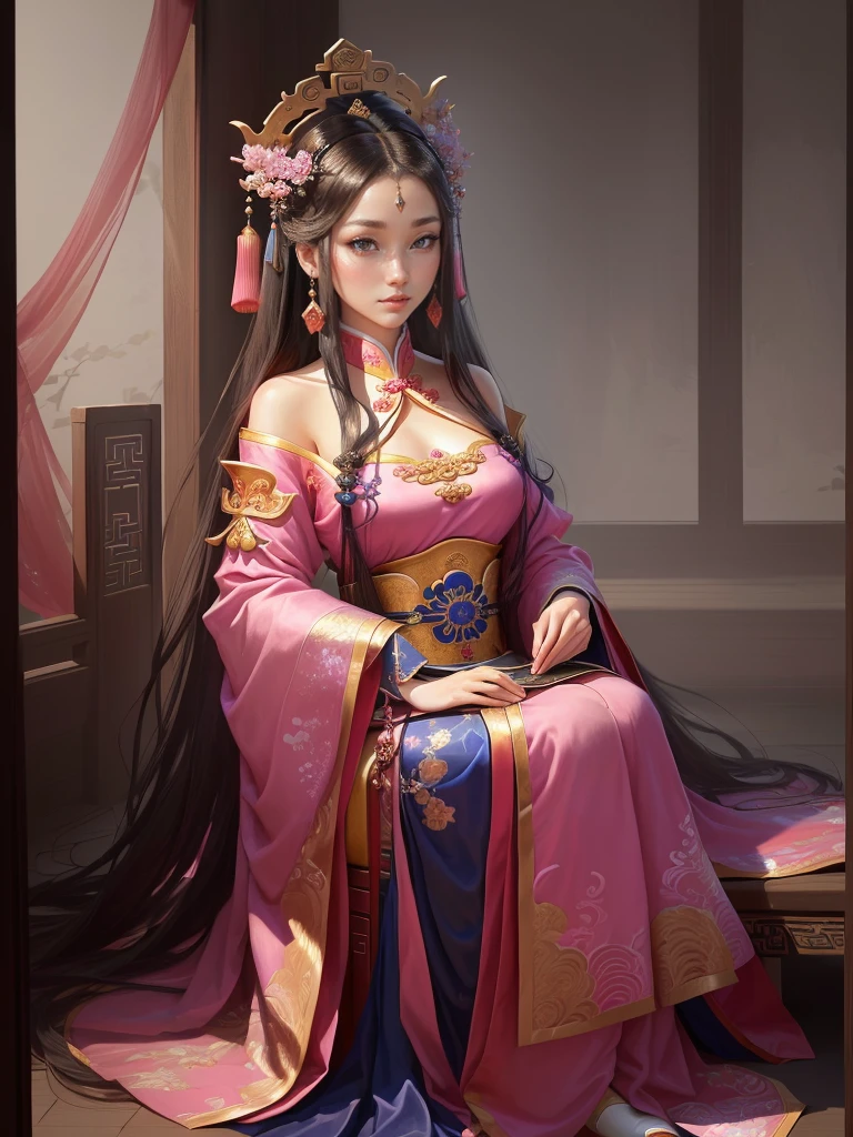 a painting of a woman in a pink and blue dress, ancient chinese princess, a beautiful fantasy empress, beautiful character painting, chinese princess, inspired by Lan Ying, ancient chinese beauties, ancient asian dynasty princess, inspired by Ju Lian, ((a beautiful fantasy empress)), palace , a girl in Hanfu, chinese empress, beautiful render of tang dynasty, Highly detailed CG unit 8k wallpaper, masterpiece, High resolution, highest quality, highest quality real texture skin, Super Real, Digital Painting, Best image quality, 最High resolution, 8k, ((Highly detailed eyes and face, Beautiful eyes every detail)), 1girl, Full Body Shot, 1girl, 床に座る,