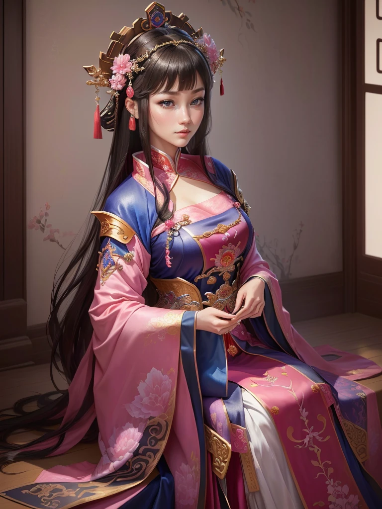 a painting of a woman in a pink and blue dress, ancient chinese princess, a beautiful fantasy empress, beautiful character painting, chinese princess, inspired by Lan Ying, ancient chinese beauties, ancient asian dynasty princess, inspired by Ju Lian, ((a beautiful fantasy empress)), palace ， a girl in Hanfu, chinese empress, beautiful render of tang dynasty,  Highly detailed CG unit 8k wallpaper, masterpiece, High resolution, highest quality, highest quality real texture skin, Super Real, Digital Painting, Best image quality, 最High resolution, 8k, ((Highly detailed eyes and face, Beautiful eyes every detail)), 1girl, Full Body Shot, 1girl, 床に座る, 