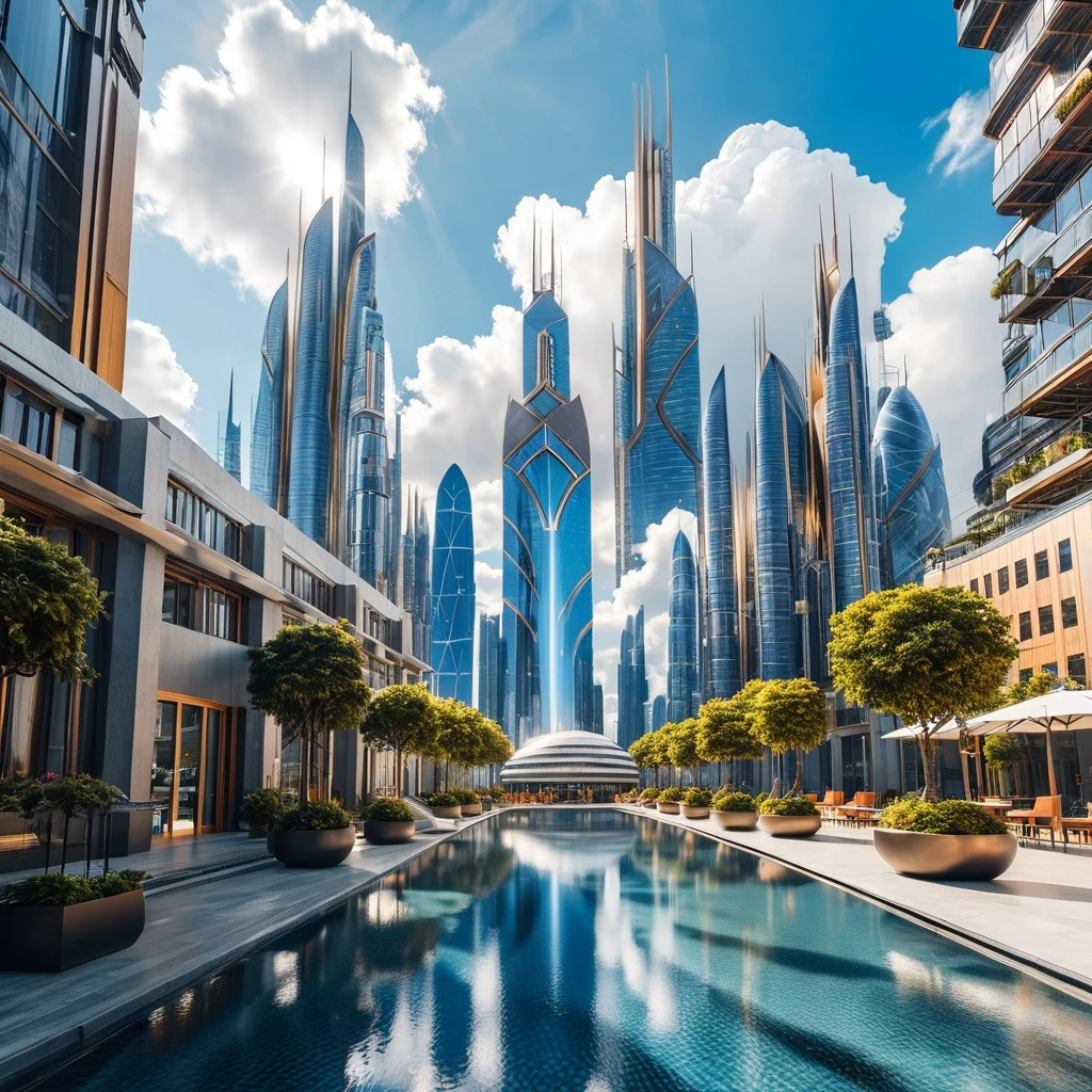 (high quality,Masterpiece,Extremely detailed,3d,8k:1.2) ,There is a fantasy city full of futuristic sense,Several high-tech design buildings,Sunny sidewalk,Aircraft,Surreal,A high-tech building towering in the clouds