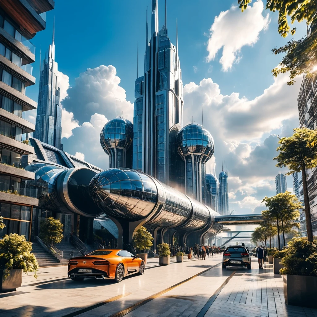 (high quality,Masterpiece,Extremely detailed,3d,8k:1.2) ,There is a fantasy city full of futuristic sense,Several high-tech design buildings,Sunny sidewalk,Aircraft,Surreal,A high-tech building towering in the clouds