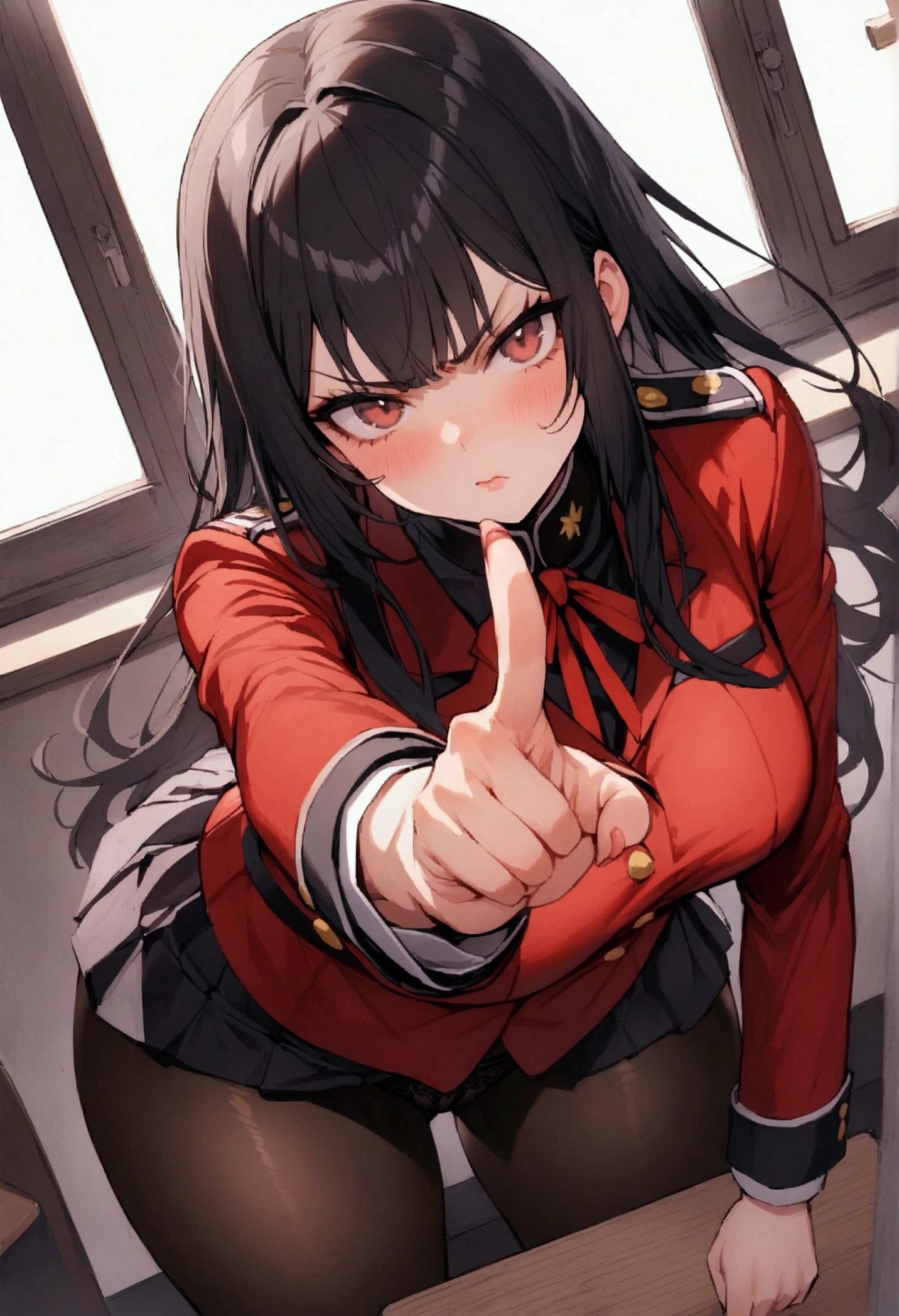 One Woman、beautiful girl, Highest quality, Thick thighs、Big 、Big Ass、Black Hair、long hair、Bangs、Red blazer uniform、Angle from directly below、Intimidating attitude、Angry、classroom、Window glass is broken、Pointing finger at the viewer、bellow、Pleated skirt、Black Pantyhose、Black panties