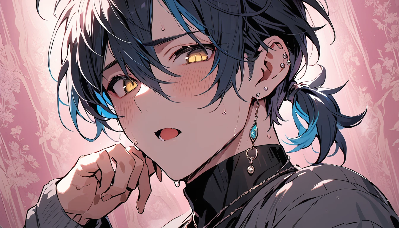 ((((best masterpiece, best quality, wallpaper,)))) solo, guy, male body, small muscles, flat chest, 1male, 30 years old, handsome man, dramatic angle, upper body, looking at viewers, beautiful detailed, mediumturquoise hair, ((((Lower short ponytail)))), asymmetrical bangs, ((short hair,)) blush stickers, sweat, (((perfect face, extremely detailed eyes,))) ((( jitome, gold eyes, ^o^, tareme, droopy eyes,))) perfect hands, sharp nose, clear face, black turtleneck, grey cardigan, ((silver piercing, pendant,)) leggings, pink background color ultrasharp, 8K, masterpiece,