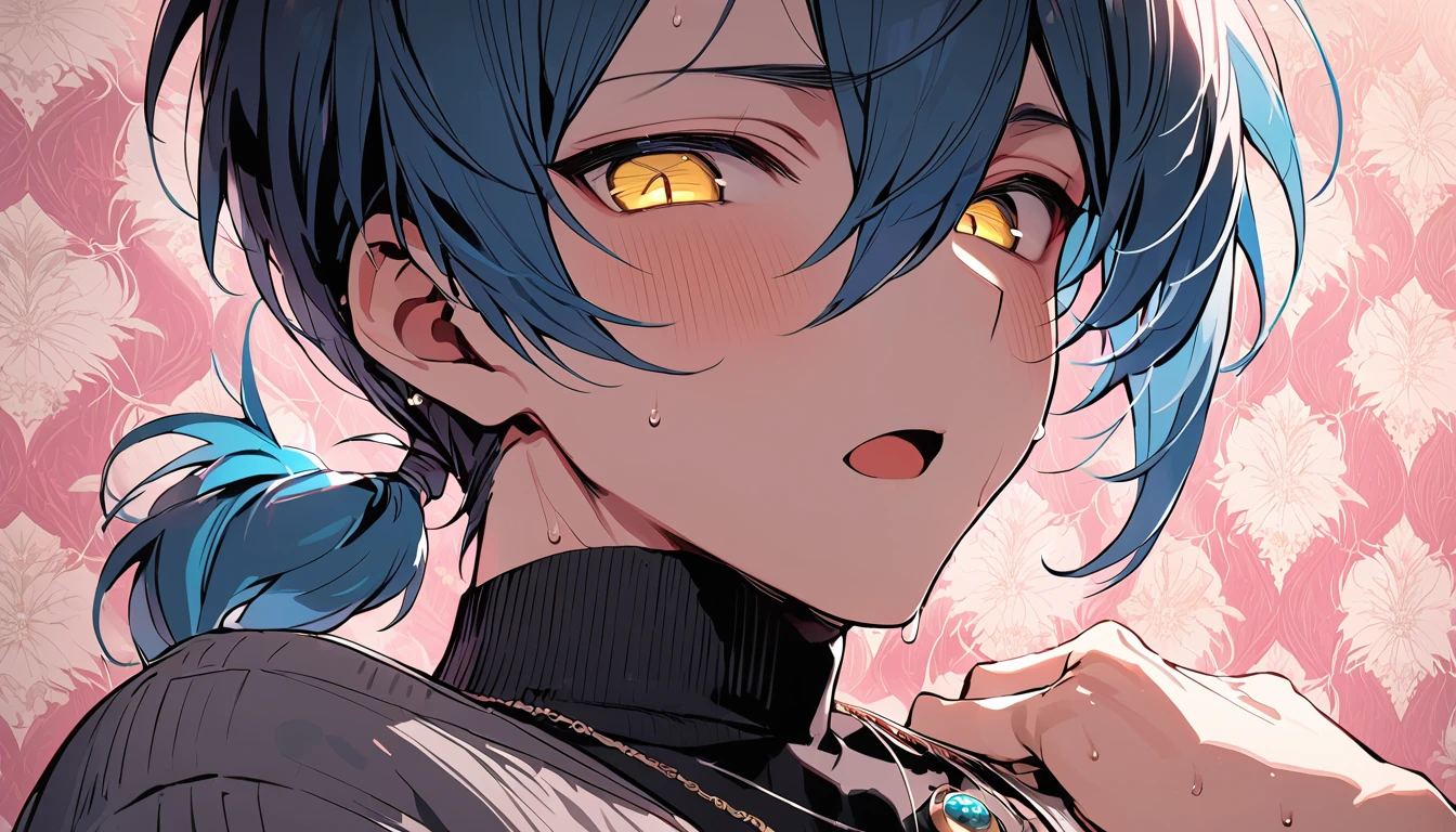 ((((best masterpiece, best quality, wallpaper,)))) solo, guy, male body, small muscles, flat chest, 1male, 30 years old, handsome man, dramatic angle, upper body, looking at viewers, beautiful detailed, mediumturquoise hair, ((((Lower short ponytail)))), asymmetrical bangs, ((short hair,)) blush stickers, sweat, (((perfect face, extremely detailed eyes,))) ((( jitome, gold eyes, ^o^, tareme, droopy eyes,))) perfect hands, sharp nose, clear face, black turtleneck, grey cardigan, ((silver piercing, pendant,)) leggings, pink background color ultrasharp, 8K, masterpiece,