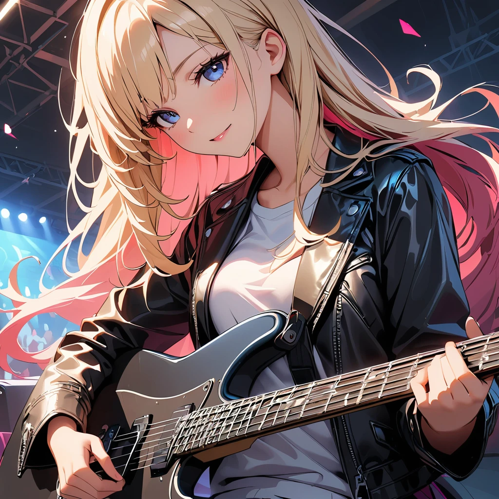 (Highest quality:1.2, Very detailed, up to date, Lonely look, Ultra-high resolution, High Contrast, masterpiece:1.2, Highest quality, Best aesthetics), Portraiture、girl、singer、stage、performance、Rock Music、Bright colors、Beautiful attention to detail、Beautiful lip detail、Long Hair、Mike stand、Music band、、Concert Light、Smoke effect、 Edgy Style、leather jacket、Dynamic Movement、hypnotic sounds、living、amplifier、noise々new crowd、Loud music、Electric guitar、Cute vocals、情熱的なperformance、Sitting on the sofa、Full of emotion、Rock star attitude、、 Expressive gestures、Rock star aura、An exciting atmosphere、Sing with all your heart、An unforgettable show。