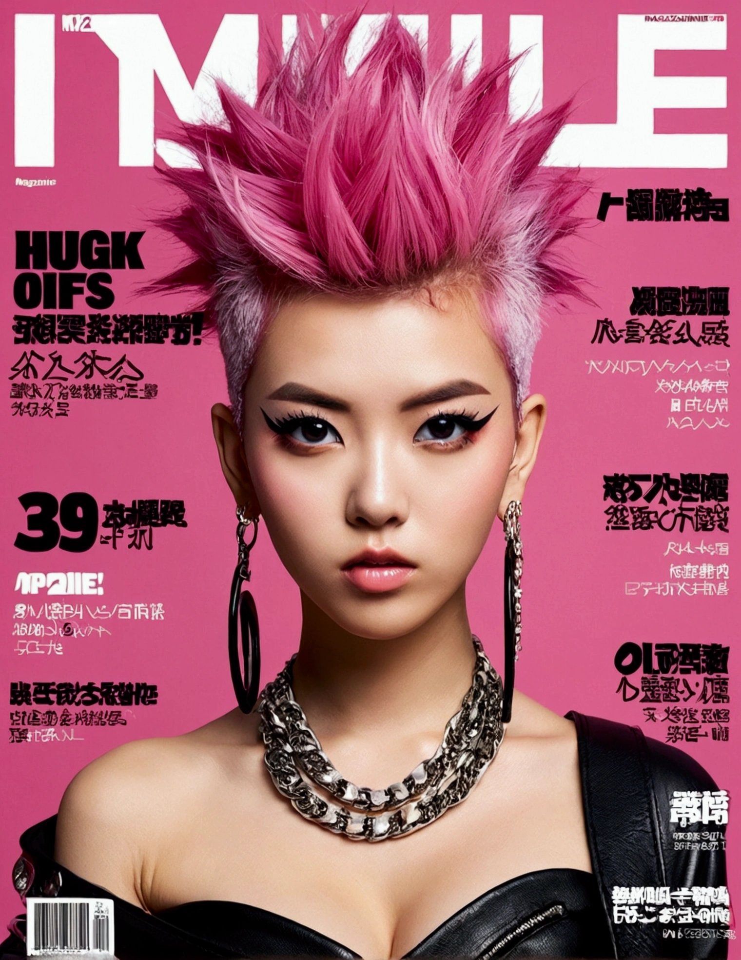 Best quality, Works of masters, A high resolution, 1girl, Super beautiful face, super beautiful eye, Super beautiful pink mohawk hair，(MagazineCover:1.2)，Trendy Harajuku-inspired rock outfits，Expose shoulders, accentuated super huge enormously gigantic , cleavage showing 