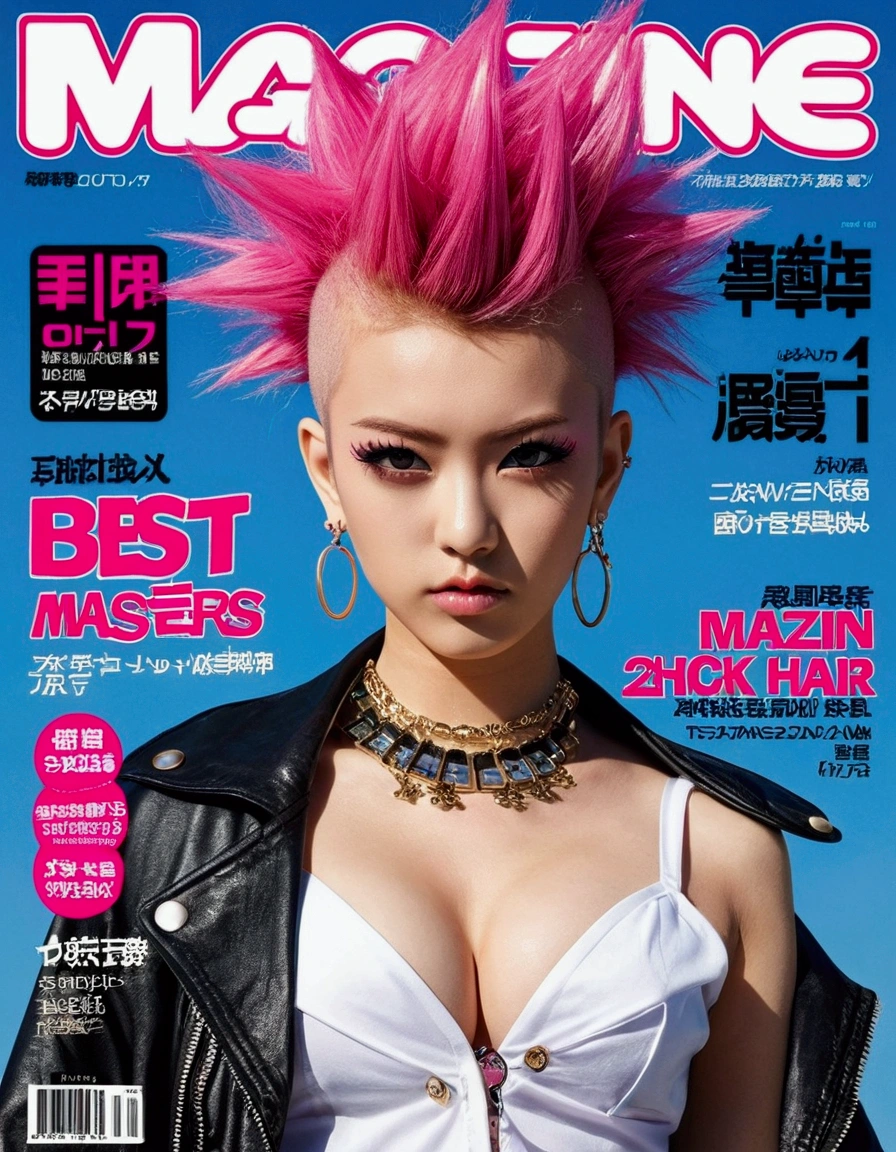 Best quality, Works of masters, A high resolution, 1girl, Super beautiful face, super beautiful eye, Super beautiful pink mohawk hair,(MagazineCover:1.2),Trendy Harajuku-inspired rock outfits,Expose shoulders, accentuated super huge enormously gigantic , cleavage showing