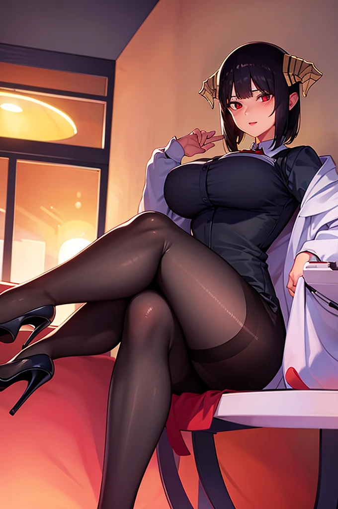 shorth hair,work of art, best qualityer, ultra detali, illustration, colorfully, flat colour, Depth of field, 1 girl, sitting down, Bblack hair, horns on head, Eyes red, , gazing at viewer, in the office, black business dress, pantyhose, black pantyhose, Detailed texture skin, detailed cloth texture, beautifull detailed face,Grinning,face red,blushed,legs crossed,big breasts,black highheels,fully body
