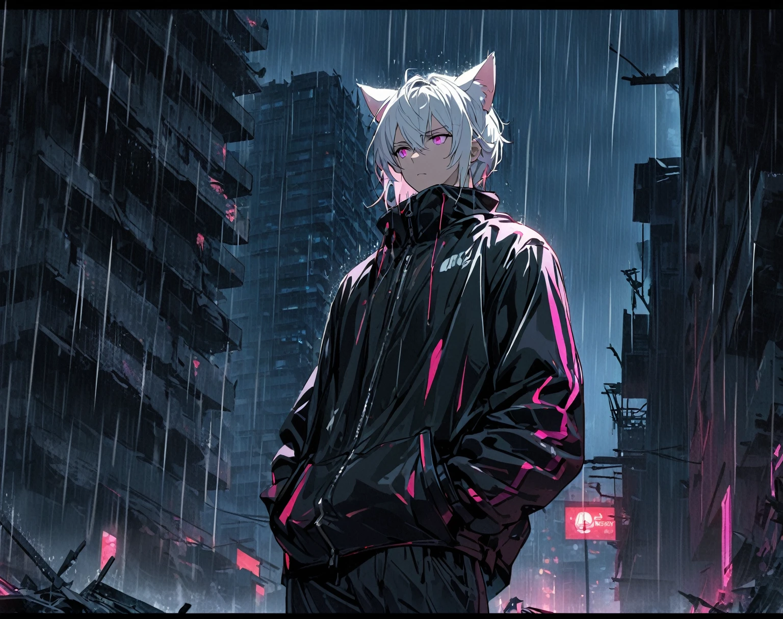 1 men, short white hair, pink eyes, Kitten ears, wearing a black outfit, slightly muscular body, at night, raining, front view, Top of a destroyed building, Hand in pockets, 4K, bright coloured, tall quality