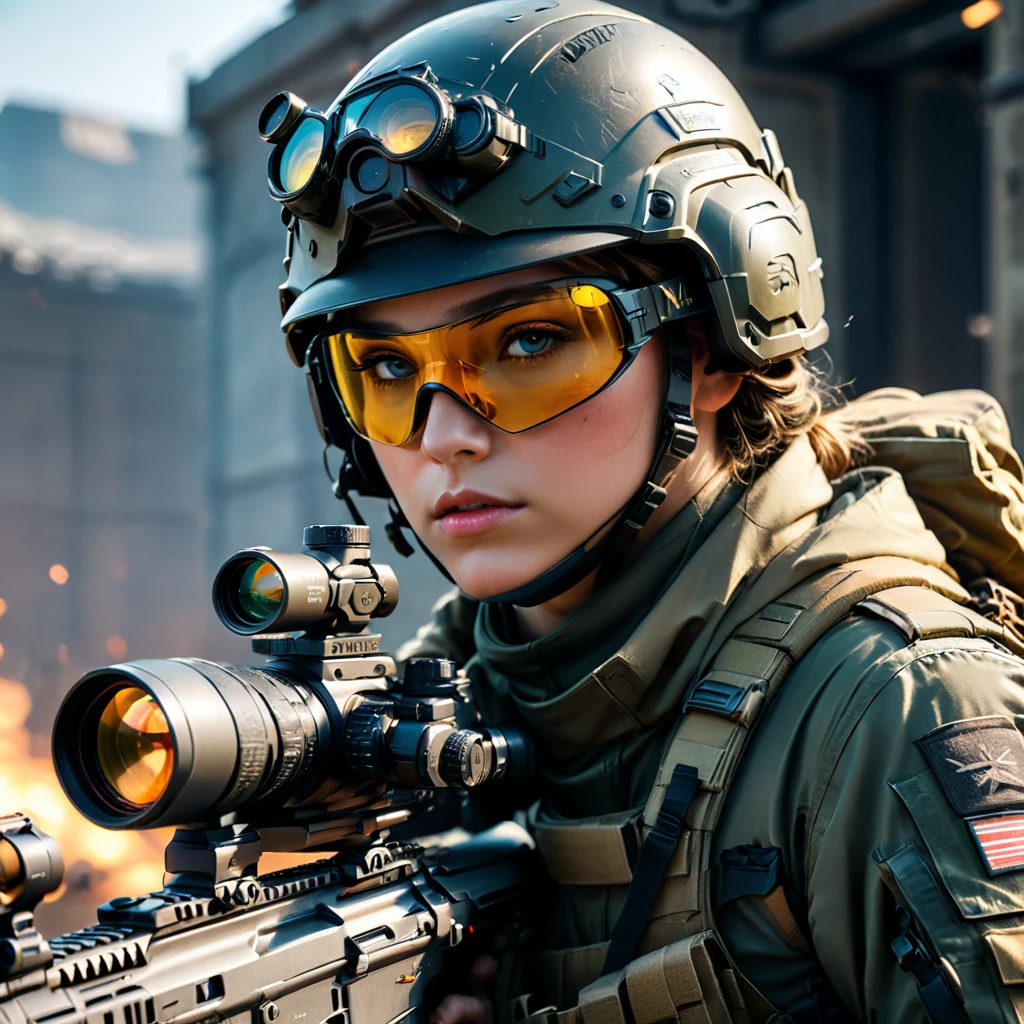 sniper,helmet,uniform,perfect anatomy,aim to shoot,cinematic lighting,(masterpiece,8k,Professional,perfect composition,very aesthetic,absurdres,ultra-detailed,intricate details:1.2),perfect proportion
