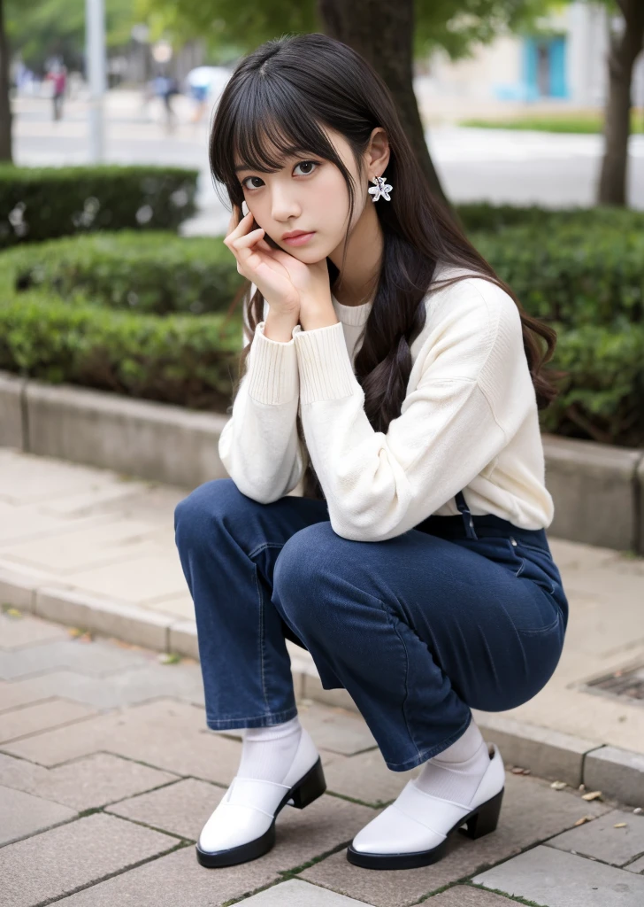 ulzzang-6500-v1.1, navy high socks Majimix Real、(Raw photo:1.2)、(Photoreal:1.4)、beauty in beautiful details and delicate expression、bionde、((I can see my pants))(Crouching panty shots)earrings eyelash beautiful and fine eyes、huge file size、super detailed、High resolution、transcendental beauty highest quality、masterpiece、、(Japanese girls' high school uniform))、very detailed expression small、finely、Highly detailed face movie lighting、23 year old girl、positive、((dynamic pose)))、(Sit straight with your knees bent))、pleated skirt、blazer、sexy upper eyes black hair,