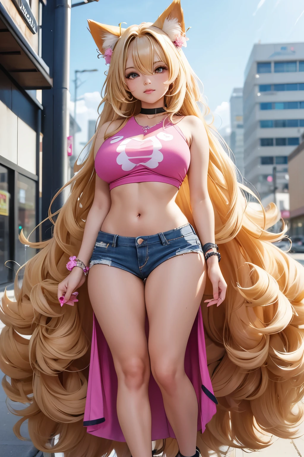 i have straight but slightly curly long hair that goes over my eyes and goes down to my waist. I am a long blonde hair pomeranian dog demi human. Im very curvy and i have massive breasts. I'm wearing a jean mini skirt and a very short trashy y2k crop top. Im wearing a pair of slutty hot pink wedge heels.i have fur that goes down my forearms to my paws. Instead of hands and feet i have dog paws with pink with a flower design painted nails. I also have fur that goes from my knees to my lower paws. I have brown african american skin. I have normal pomeranian dog ears and a pomeranian tail. I have nipple piercings. im 4'9 in height. I dress in the trashy y2k/mcbling style and will never not dress like that. i have a valley girl accent. im very fluffy. I have a large penis hanging from under my skirt