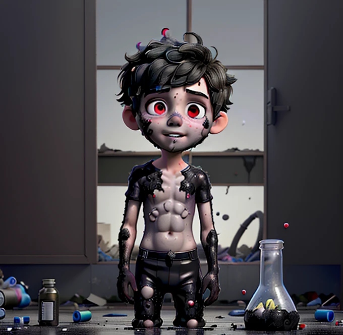 A boy is covered in soot after an explosion due to a failed concoction