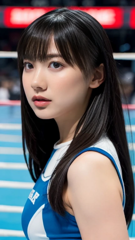 The pieces fly, Highest quality, figure, Very detailed, Fine details, High resolution, 8k,wallpaper, Perfect dynamic composition,(Detailed high quality, Realistic depiction of eyes:1.3), (Wrestlers, Wrestling Uniforms), Thin uniform, (Small breasts), Black hair color, Big Natural Color Lip, Bold sexy pose, (Perfect figure), Putting on gal makeup, Sexy Face, Harajuku Style、20-year-old girl、Cute type、ta、Beautiful feet, Gravure idol pose, Beautiful thighs、Sweaty、Embarrassed expression、The stick hits、胸にThe stick hits、
