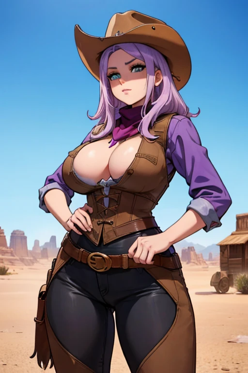 Perfect face. Perfect hands. A light purple haired cowgirl with green eyes and an hourglass figure in a conservative cowgirl outfit is making dinner in the desert in a wild west town