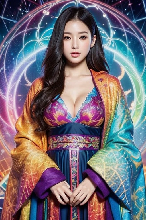 Super hot gorgeous Japanese women、(Full Body Portrait)、With glowing sleeves and hood、Wearing a long dress with random color fractal patterns, Flowing magical robes, Roomy robes, Casting Multicolored Spells, dark Roomy robes,Flowing magical robes, Colorful Robes, Fantasy robes, Woman in cloak, magician, a beautiful magician, Vivid fantasy style, (((Fractal pattern background))). Perfect Anatomy, Perfect Hair, Perfect breasts, Perfect body, Perfect hands, Perfect Face, Perfect Eyes, Accurate, Anatomically correct, Perfectly clear and sharp focus, Ultra-high resolution, masterpiece, Ultra-realistic 、(Fantasiato)、Professional lighting on the face
