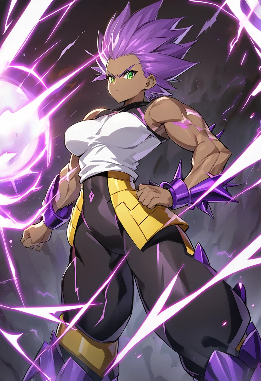 girl, alone, Saiyan, spiky purple hair, green eyes, defined muscles, thin waist, wide hips, dark skin, medium breasts, white t-shirt, black pants, super saiyan, lightning around, purple lightning, purple lightning around, energy around, ki energy, purple energy, god of destruction (super dragon ball style)