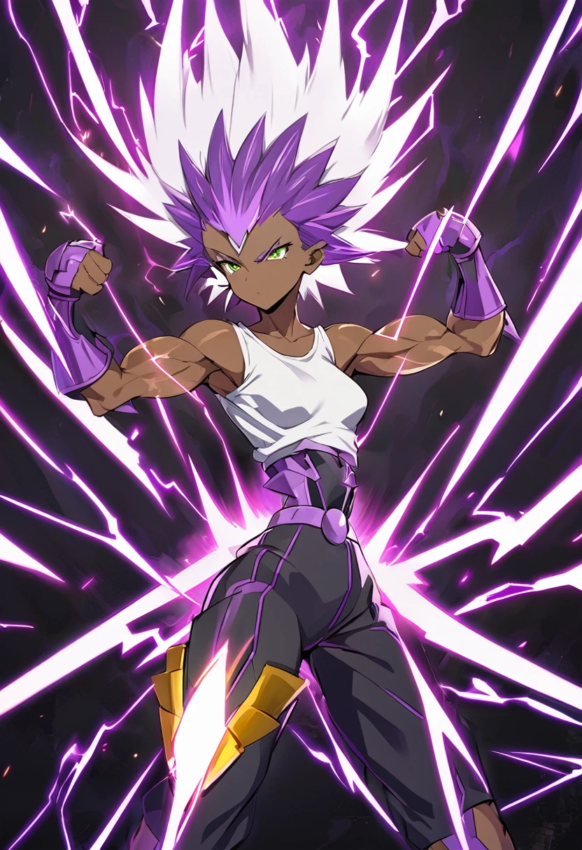 girl, alone, Saiyan, spiky purple hair, green eyes, defined muscles, thin waist, wide hips, dark skin, medium breasts, white t-shirt, black pants, super saiyan, lightning around, purple lightning, purple lightning around, energy around, ki energy, purple energy, god of destruction (super dragon ball style)