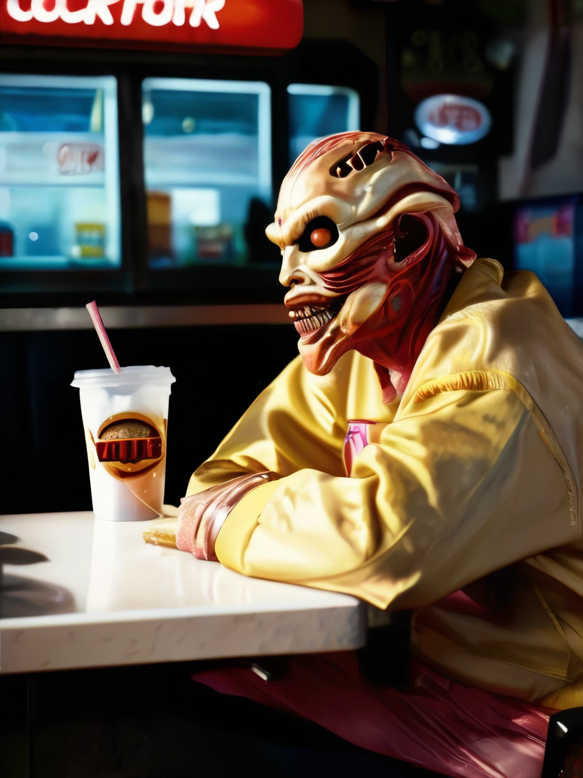 fleshmutant bodyhorror working at a fast food restaurant,close up,, true to life, HDR image,High detail resolution,soft eyes,natural skin,high detailed face,high detailed cloth,film photography,vintage,cinematic lighting,realistic,sharp focus,(very detailed),((4K HQ)),depth of field,f/1.2,Leica,8K HDR,High contrast,shadows, bokeh,(detailed and realistic skin texture),(detailed clothing),(detailed background),detailed skin,(highly detailed skin),(8K HDR photo),realistic texture,realistic shadows,accurate to life,living image,lifelike