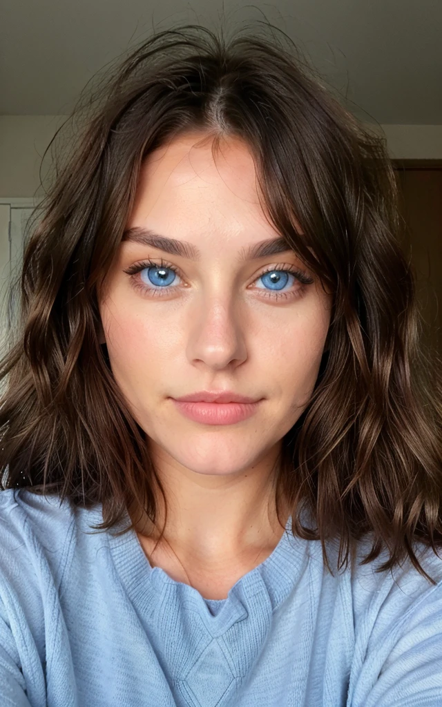 Beautiful brunette, die einen beigen pullover trägt (22 years old, innocent face, naturally wavy hair, blue eye),, medium breasts, she's a men's magazine model, flirts with camera, masterpiece, perfect eyes, perfect hair, perfect body, perfect hands, perfect breast, Fuji film, pear-shaped feminine silhouette, She has expressive eyes, ( Only the eyes are blue), farm, Brown rustic clothes, Boho clothing, Fashionable boho clothes on the farm, Romantic atmosphere, Campfire lights, The fire sparkles, Flowers dress, smiling