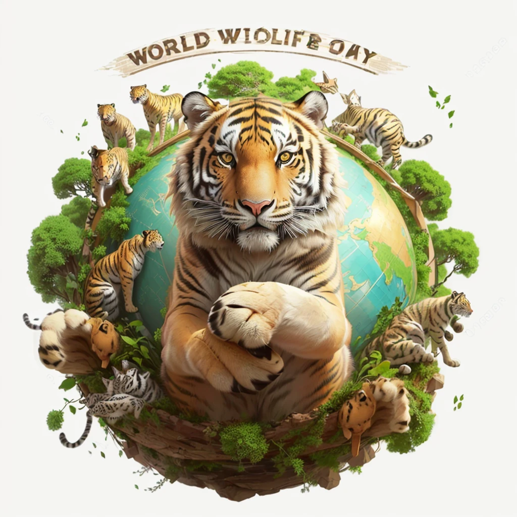 there is a tiger that is sitting on a globe surrounded by animals, animals wildlife, wildlife illustration, wildlife preservation, wildlife documentary, wildlife drawing, animal world, wild pencil style, detailed beautiful animals, mutated wildlife, animals ruling the world, vivid detailed realistic, wildlife. atmospheric, wild animals, hd illustration, handsome stunning realistic, realistic highly detailed, wwf