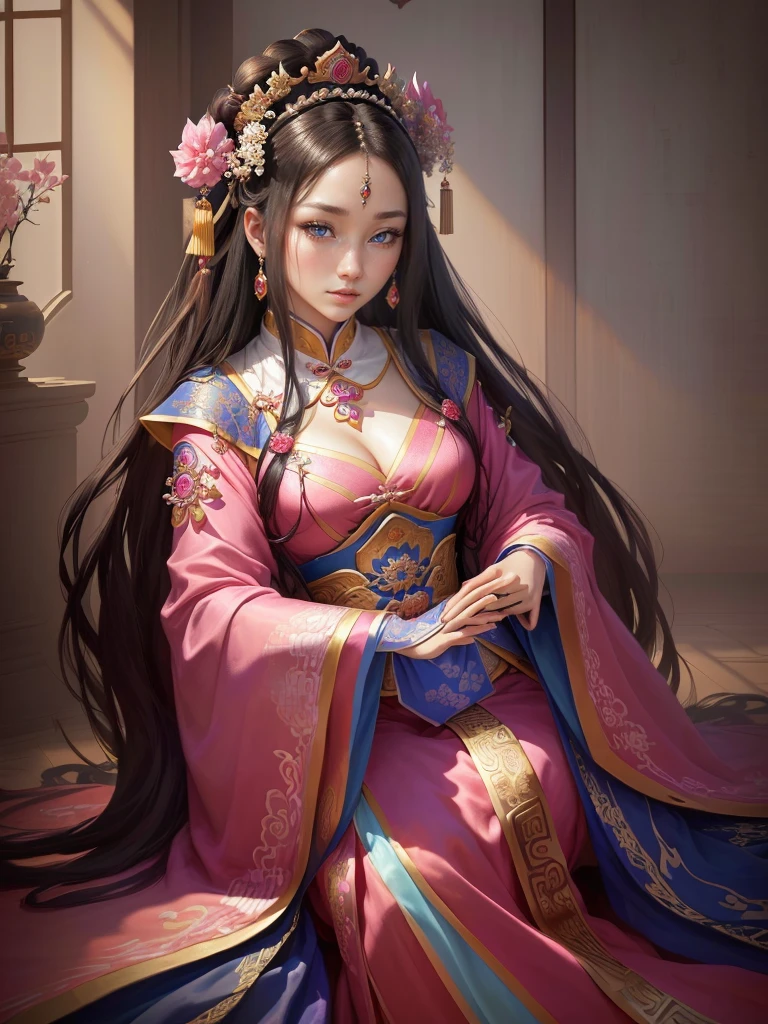 a painting of a woman in a pink and blue dress, ancient chinese princess, a beautiful fantasy empress, beautiful character painting, chinese princess, inspired by Lan Ying, ancient chinese beauties, ancient asian dynasty princess, inspired by Ju Lian, ((a beautiful fantasy empress)), palace ， a girl in Hanfu, chinese empress, beautiful render of tang dynasty,  Highly detailed CG unit 8k wallpaper, masterpiece, High resolution, highest quality, highest quality real texture skin, Super Real, Digital Painting, Best image quality, 最High resolution, 8k, ((Highly detailed eyes and face, Beautiful eyes every detail)), 1girl, Full Body Shot, 1girl, 床に座る, 