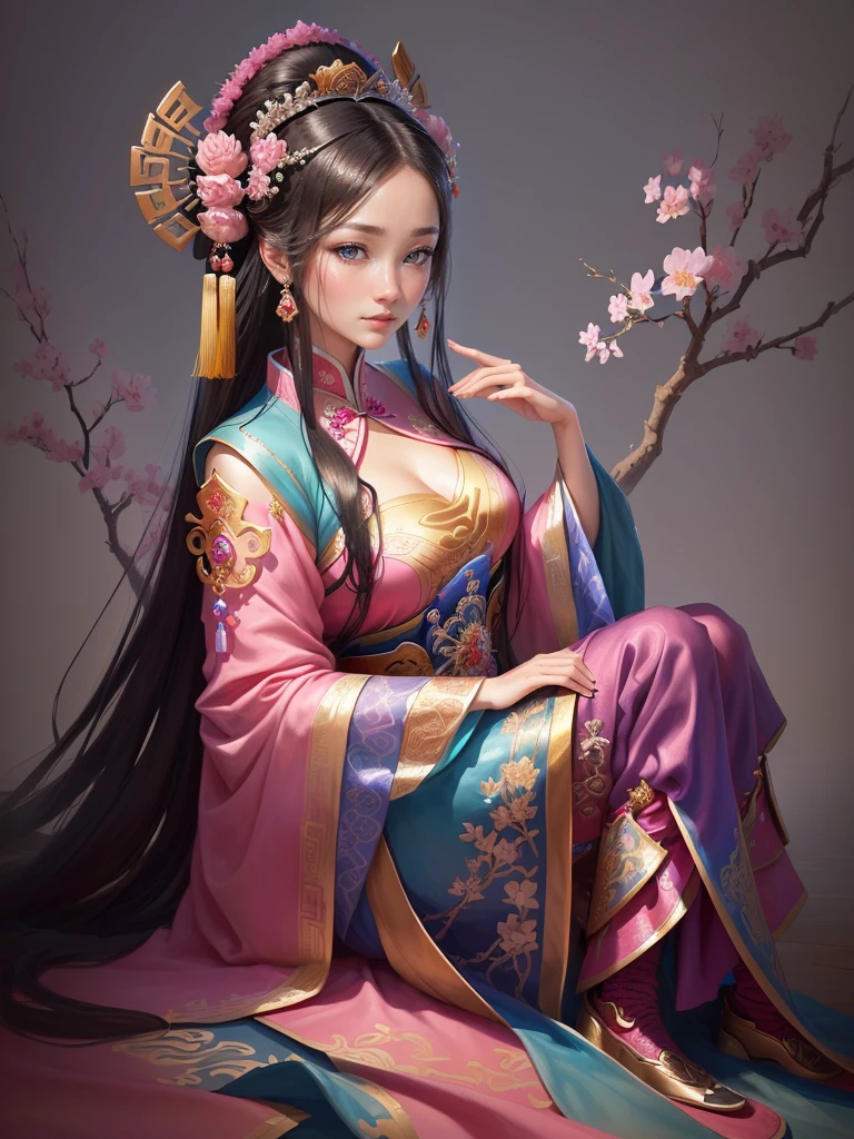 a painting of a woman in a pink and blue dress, ancient chinese princess, a beautiful fantasy empress, beautiful character painting, chinese princess, inspired by Lan Ying, ancient chinese beauties, ancient asian dynasty princess, inspired by Ju Lian, ((a beautiful fantasy empress)), palace ， a girl in Hanfu, chinese empress, beautiful render of tang dynasty,  Highly detailed CG unit 8k wallpaper, masterpiece, High resolution, highest quality, highest quality real texture skin, Super Real, Digital Painting, Best image quality, 最High resolution, 8k, ((Highly detailed eyes and face, Beautiful eyes every detail)), 1girl, Full Body Shot, 1girl, 床に座る, 