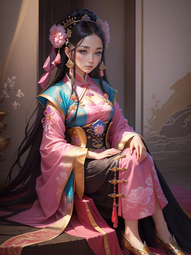 a painting of a woman in a pink and blue dress, ancient chinese princess, a beautiful fantasy empress, beautiful character painting, chinese princess, inspired by Lan Ying, ancient chinese beauties, ancient asian dynasty princess, inspired by Ju Lian, ((a beautiful fantasy empress)), palace ， a girl in Hanfu, chinese empress, beautiful render of tang dynasty,  Highly detailed CG unit 8k wallpaper, masterpiece, High resolution, highest quality, highest quality real texture skin, Super Real, Digital Painting, Best image quality, 最High resolution, 8k, ((Highly detailed eyes and face, Beautiful eyes every detail)), 1girl, Full Body Shot, 1girl, 床に座る, 