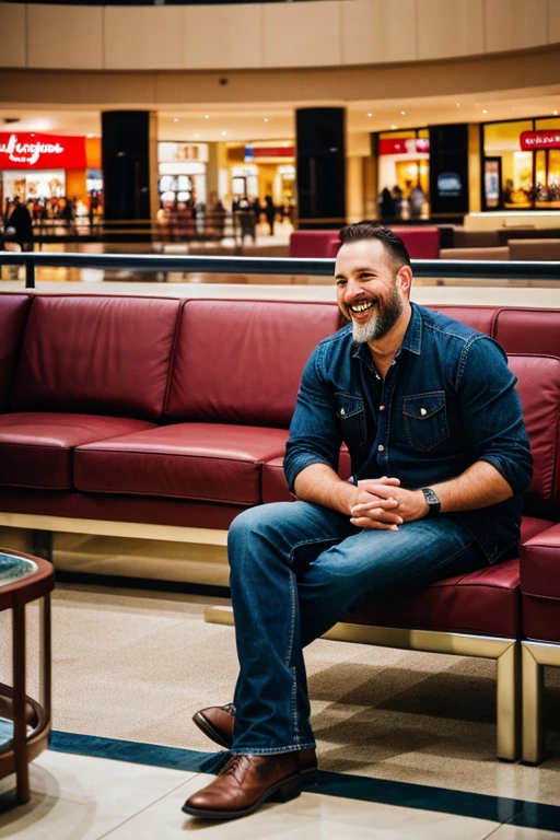 Laughter at Prompt Mall: in a shopping center, centered around a sofa. Handsome 40 year old bearded traveler sitting in reflection mode . thinking way .,. Reflective atmosphere . photorealistic style." not laughing thinking