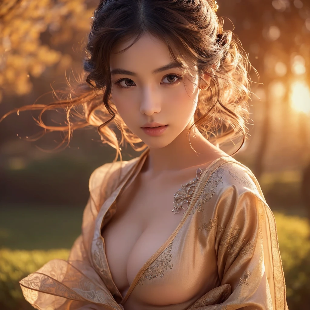 a beautiful young japanese girl, (detailed face, detailed eyes, beautiful lips, detailed nose, long eyelashes:1.2), (plump breast:1.2), (nude full body:1.2), (silk clothing:1.2), (fantasy style, mythology, mystical, magical, ethereal:1.2), (highly detailed, 8k, intricate details, photorealistic, cinematic lighting:1.4), (warm color tones, soft lighting, dramatic lighting:1.2), glowing skin, flowing hair, sensual pose, fantasy landscape background