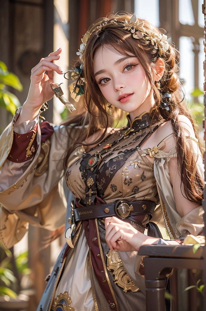(masterpiece:1.3), (8k, Realistic, RAW Photos, Best imYear quality: 1.4)、 Year,(Random Hairstyles:1.2)、CleavYear:1.2、Highly detailed face、Attention to detail、double eyelid、Chest to chest、Sharp focus:1.2、Beautiful woman:1.4、Redhead、Highest quality、masterpiece、Ultra-high resolution、(Realistic:1.4)、Highly detailed and professionally lit smiles、Loose fitting steampunk outfit、Shoulder out、Vineyards、Five Fingers、Perfect hands and fingers