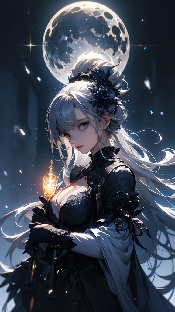 masterpiece, high quality, 4K, Beautiful design, silhouette，Gray Hair， Highly detailed time and space， wonderful, Finer details,  Very knowledgeable woman, Highly detailed solo, 1 female,Big Breasts，Gothic Lolita Fashion，Hold the fan in front of your chest.，Night view，Starry Sky，full moon，