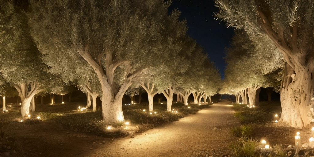 mount of olive trees at the time of jesus, feet of olive trees, night, realistic image, 4k, ultra hd