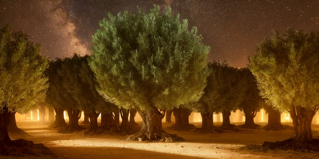 mount of olive trees at the time of jesus, feet of olive trees, night, realistic image, 4k, ultra hd