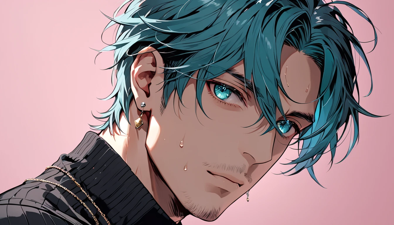 ((((best masterpiece, best quality, wallpaper,)))) solo, guy, male body, small muscles, flat chest, 1male, 30 years old, handsome man, dramatic angle, upper body, looking at viewers, beautiful detailed, mediumturquoise hair, ((((Lower short ponytail)))), asymmetrical bangs, ((short hair,)) blush stickers, sweat, (((perfect face, extremely detailed eyes,))) ((( jitome, gold eyes, ^o^, tareme, droopy eyes,))) perfect hands, sharp nose, clear face, black turtleneck, grey cardigan, ((silver piercing, pendant,)) leggings, pink background color ultrasharp, 8K, masterpiece,