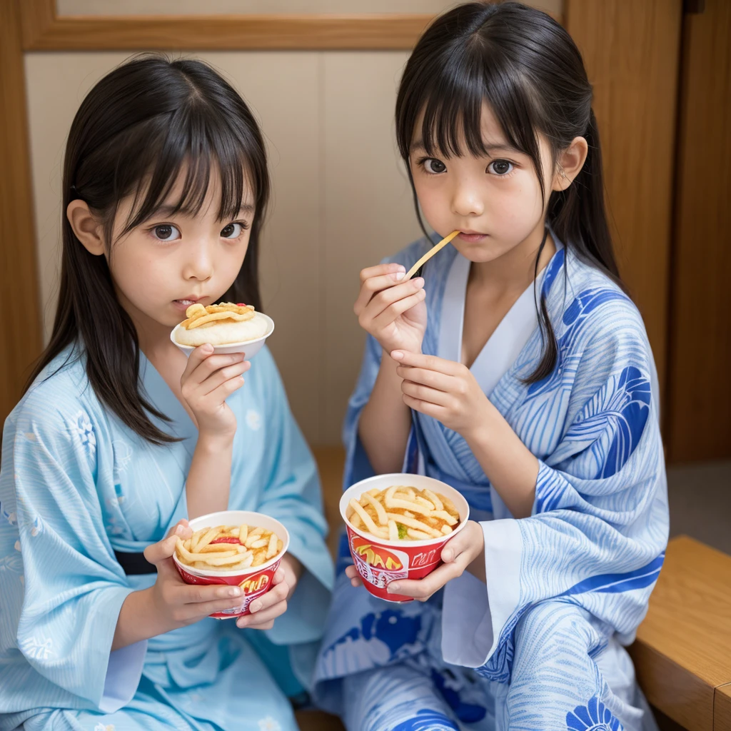 2 girls 11 year old girl and 10 year old girl Japanese Light blue yukata Realistic Skin Bigeyes Eating a Big Mac フライドポテトを食べている