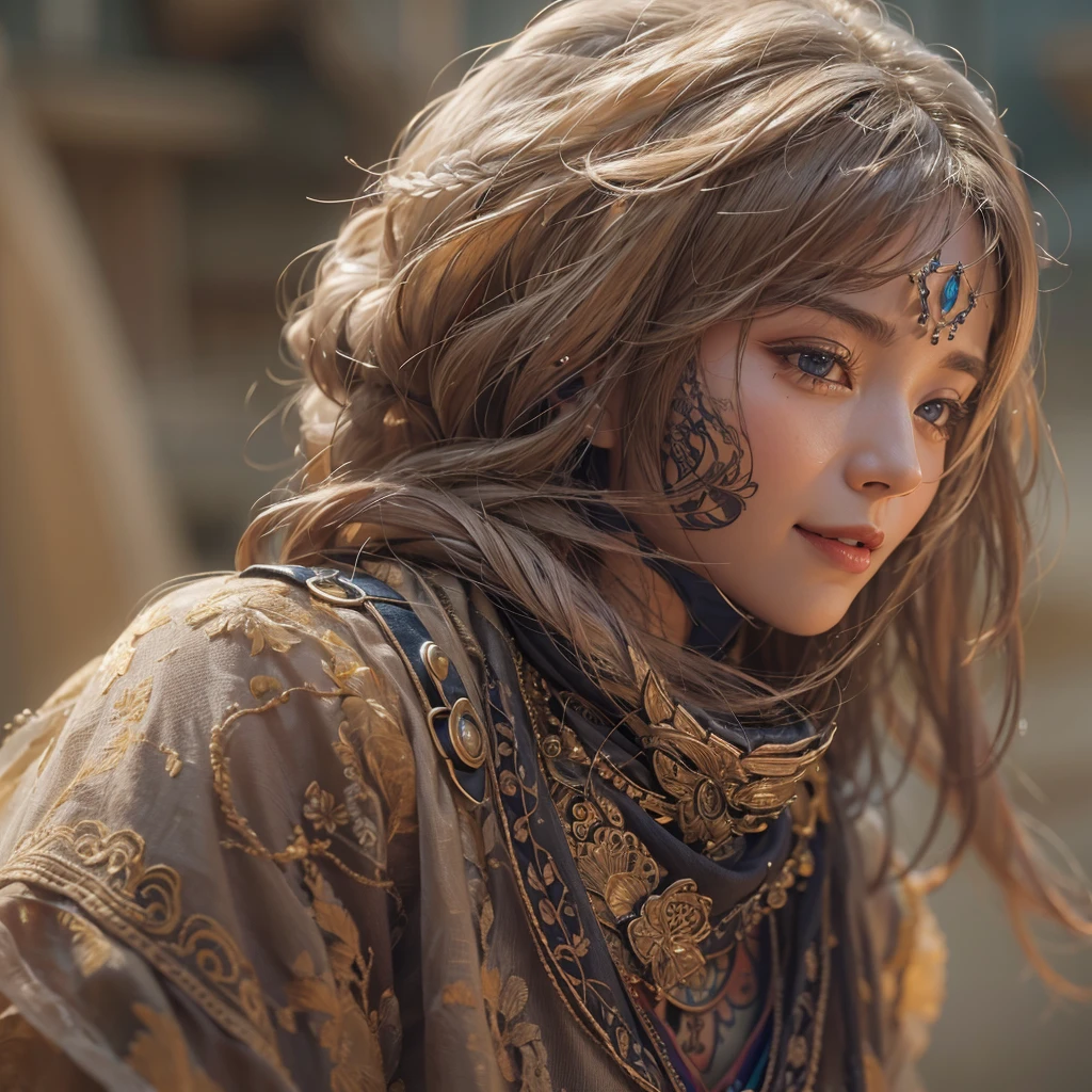 Hiding in the desert、Hair Flow、 ((Highest quality、masterpiece、8k、Best image quality、Ultra-high resolution、Award-winning works)、(Accurate anatomy:1.1)、(Look at me and smile:1.1)、Shining fair skin with Ultra-high resolution、The most detailed face、Ultra-high resolution detailed face、Ultra-high resolutionの髪の毛、(Ultra-high resolutionの煌めく瞳:1.1)、Beautiful face drawn in every detail、(Blurred Background:1.1)、Ancient Islamic clothing, Chest to chest, tattoo, Old ruins in the background、ride on the camel 