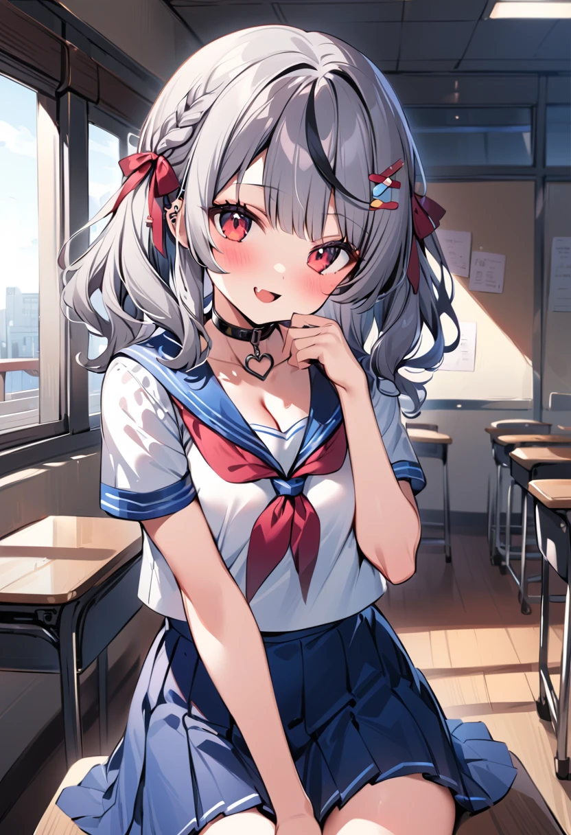 blue skirt, kiyosumi , pleated skirt, , serafuku, skirt,looking at viewer,indoors, classroom,
1girl ,red eyes, cleavage, multicolored hair, grey hair, streaked hair, bandaid, hair ornament, smile, black hair, clothing cutout, piercing, braid, fang,twin tail