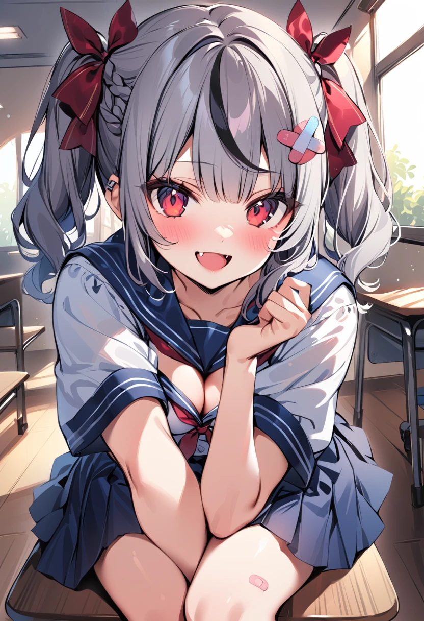 blue skirt, kiyosumi , pleated skirt, , serafuku, skirt,looking at viewer,indoors, classroom,
1girl ,red eyes, cleavage, multicolored hair, grey hair, streaked hair, bandaid, hair ornament, smile, black hair, clothing cutout, piercing, braid, fang,twin tail