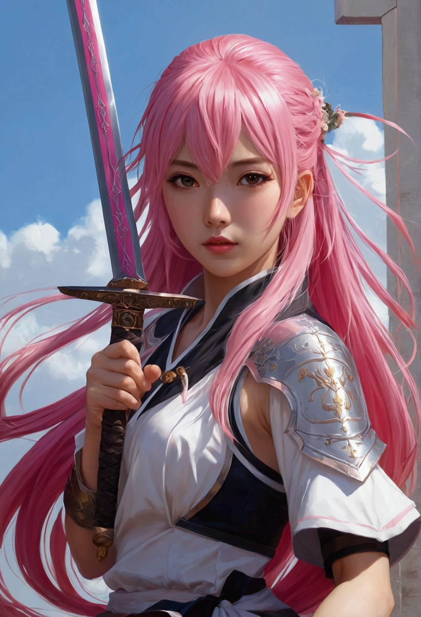 long pink  hair，anime girl with a sword in her hand, wlop and krenz cushart, Best anime 4k konachan wallpaper, Detailed digital anime art, 4k highly detailed digital art, highly detailed anime, 8K high quality detailed art, Anime art wallpaper 4 K, Anime art wallpaper 4k, krenz cushart and wenjun lin