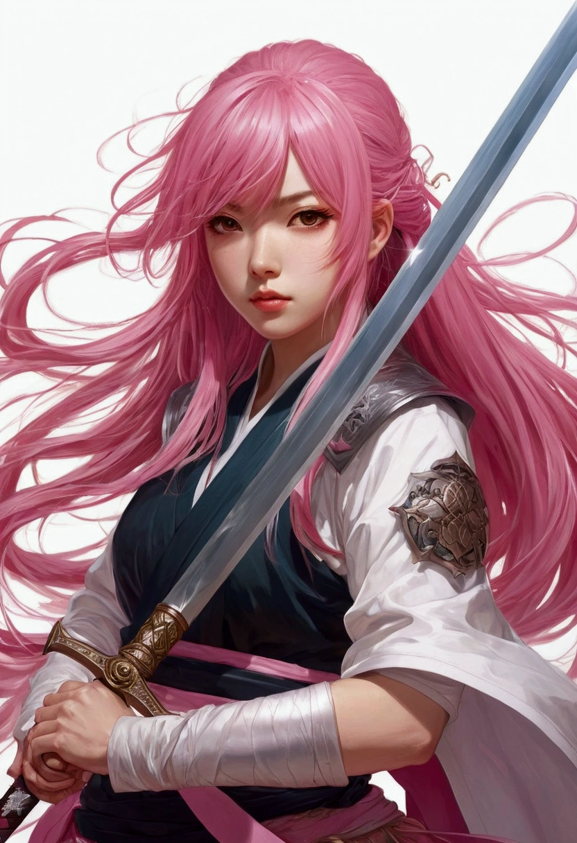 long pink  hair，anime girl with a sword in her hand, wlop and krenz cushart, Best anime 4k konachan wallpaper, Detailed digital anime art, 4k highly detailed digital art, highly detailed anime, 8K high quality detailed art, Anime art wallpaper 4 K, Anime art wallpaper 4k, krenz cushart and wenjun lin