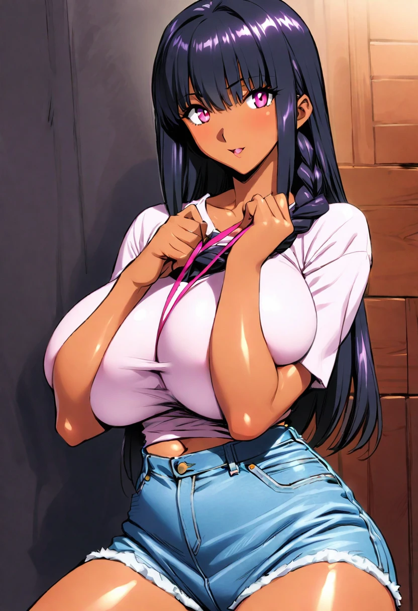 ((masterpiece,High resolution,Highest quality))
(28 years old,One dark-skinned woman,Voluptuous figure,Super big breasts,J cup breasts)
(Long Black Hair,Bangs,Braiding,Dark Skin,Pink eyes,Sharp Eyes)
(Black T-shirt,Denim shorts,Belly button,Pink string panties)