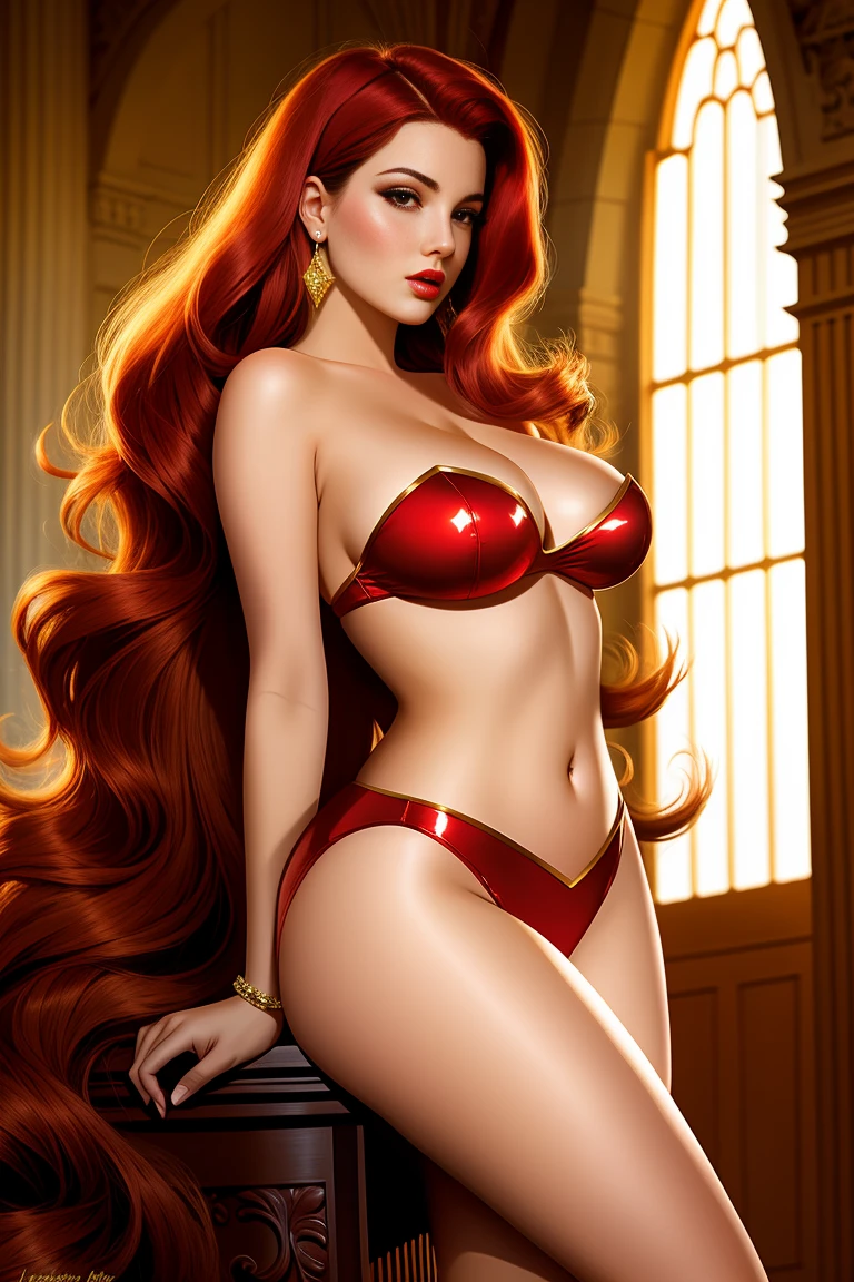 Woman with angelic and bold face, jessica rabbit standing with may sensual 