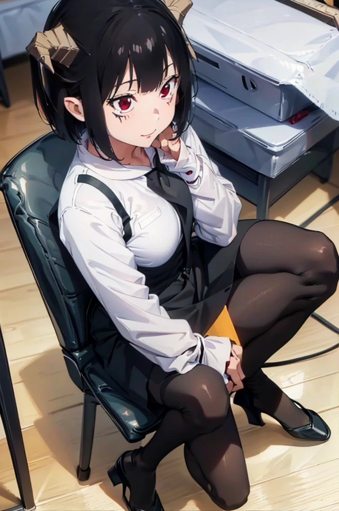 shorth hair,work of art, best qualityer, ultra detali, illustration, colorfully, flat colour, Depth of field, 1 girl, sitting down, Bblack hair, horns on head, Eyes red, , gazing at viewer, in the office, black business dress, pantyhose, black pantyhose, Detailed texture skin, detailed cloth texture, beautifull detailed face,Grinning,face red,blushed,legs crossed,big breasts,black highheels,fully body
