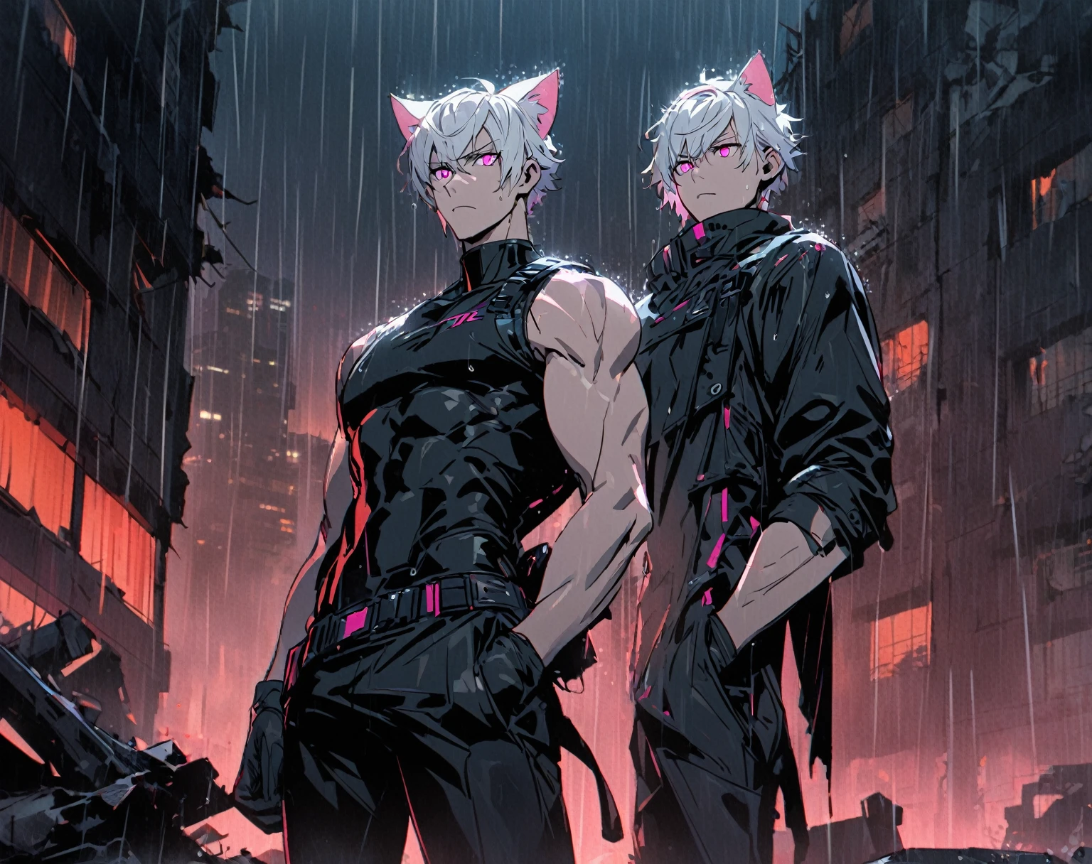 1 men, short white hair, pink eyes, Kitten ears, Wearing a tight black outfit, wearing gloves, slightly muscular body, at night, raining, front view, Top of a destroyed building, Hand in pockets, 4K, bright coloured, tall quality, Banner style