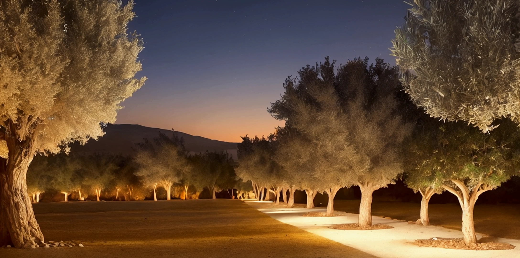 mount of olive trees at the time of jesus, feet of olive trees, night, realistic image, 4k, ultra hd
