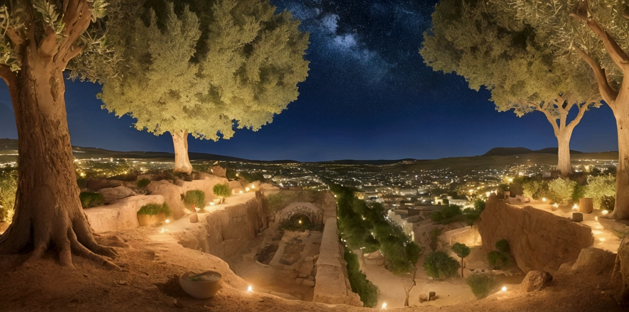 mount of olive trees at the time of jesus, feet of olive trees, night, realistic image, 4k, ultra hd