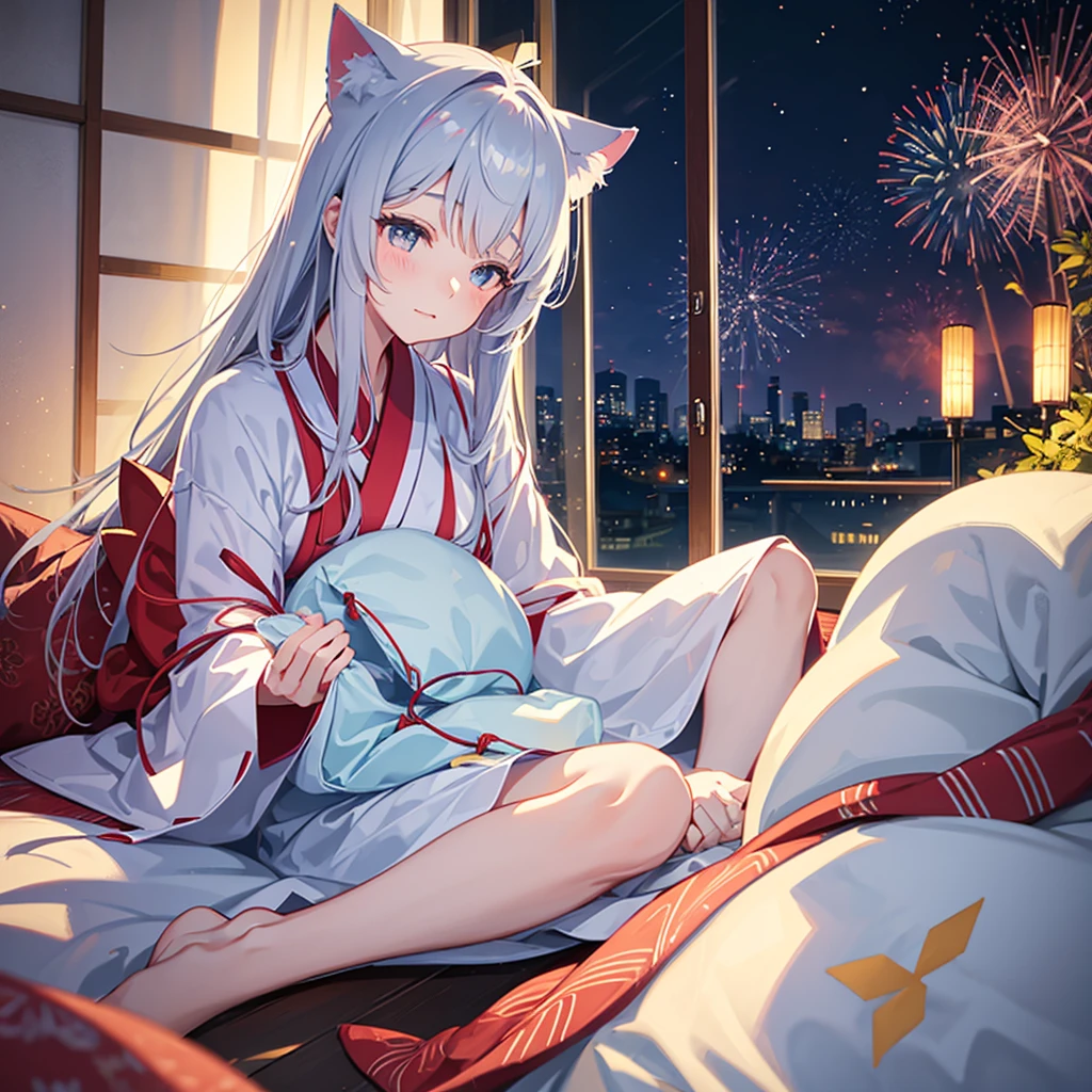 Close-up of face,Young,Height 110cm,Lying with my whole body spread out on the soft bed,Laying my head on the pillow,Sleeping with the left side facing down,Sleeping with both eyes closed,So close you can hear me breathing,One person,Fireworks Night, Yukata,A strand of red mesh in silver hair, A huge fireworks falling from the sky, visible from both windows behind me,Cat ear girl, delicate design, Bright colors, detailed character design, Soft light and shadow, Cat's Tail, Cat print yukata, Fireworks in the night sky, Face illuminated by light, Hair swaying in the wind, Characters stand out, The background is blurred, The focus is on the characters, Sharp details, Warm light at night,