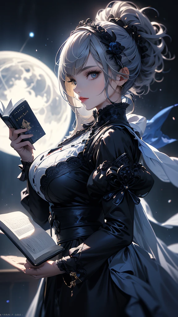 masterpiece, high quality, 4K, Beautiful design, silhouette,Gray Hair, Highly detailed time and space, wonderful, Finer details, Very knowledgeable woman, Highly detailed solo, 1 female,Big Breasts,Gothic Lolita Fashion,Reading a book,Night view,Starry Sky,full moon,