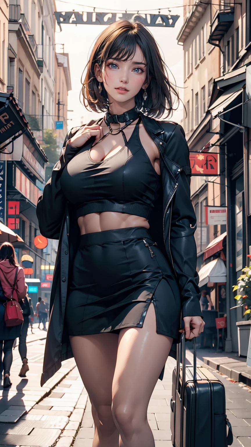 (One girl:1.3), alone, __Body parts__ Delicate and realistic skin, Pale skin, big, Official Art, Unified 16k wallpapers, Super detailed, beauty and aesthetics, beauty, masterpiece, Highest quality, In Cyberpunk City, Great atmosphere, A calming color palette, Peaceful mood, Soft Shadows, Flight attendant uniform, Glamour、Sexy proportions、Narrow waist、Silver Hair、Straight Bob、Long neck、Slim Abs: 1.2、halter keyhole neck((halter keyhole neck))Topini-length LaLa skirt((rah-rah skirt))、short boots、Paris, France celebrates Bastille Day