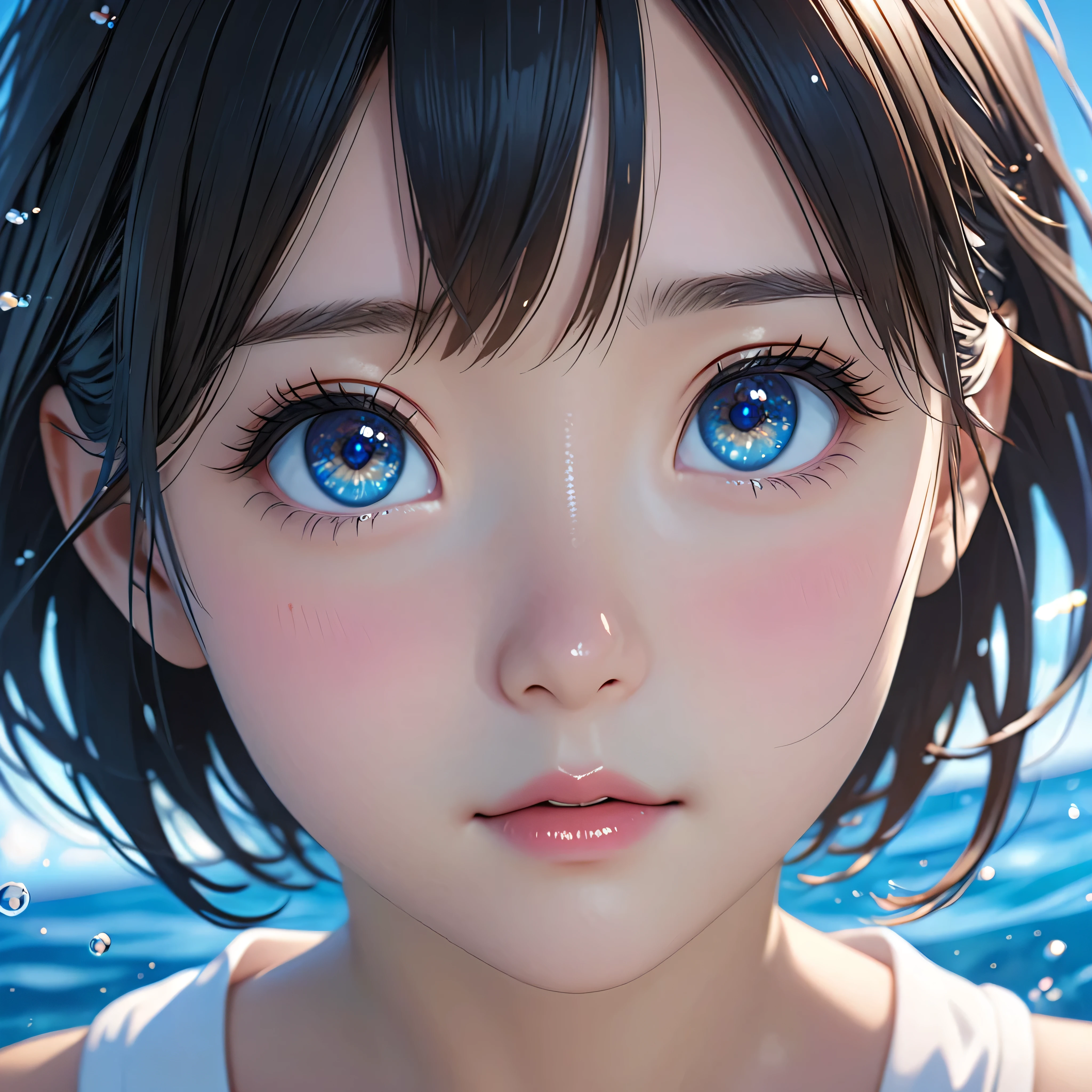 National Science Foundation,masterpiece,High resolution,8k,Art,Digit,Three-dimensional,Realism,Kyoto Animation Style,your name movie style,looking into camera,cute,baby face,Diving in the blue sea,(1 girl: 1.3),(alone: 1.4),(Cute small bikini swimsuit),Black hair,Long eyelashes,Slender legs,Short Bob,Eyes as deep as the starry sky